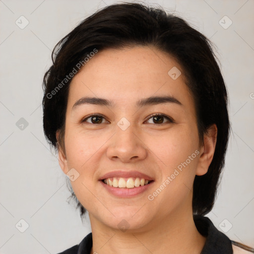 Joyful white young-adult female with medium  brown hair and brown eyes