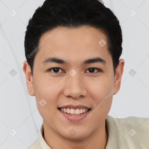 Joyful asian young-adult male with short  black hair and brown eyes