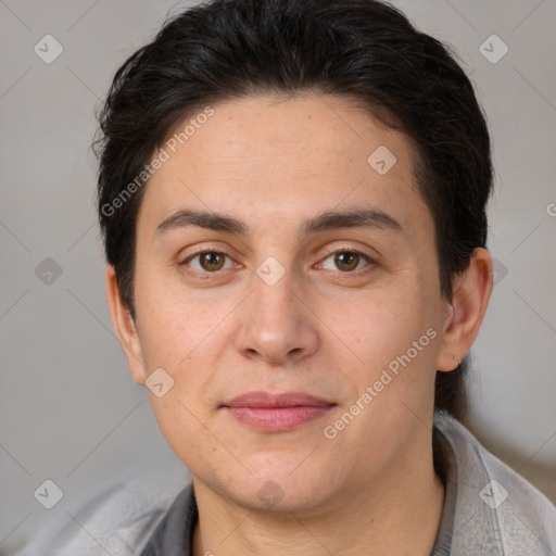 Joyful white young-adult female with short  brown hair and brown eyes