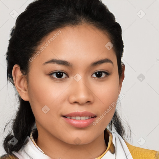 Joyful latino young-adult female with medium  brown hair and brown eyes