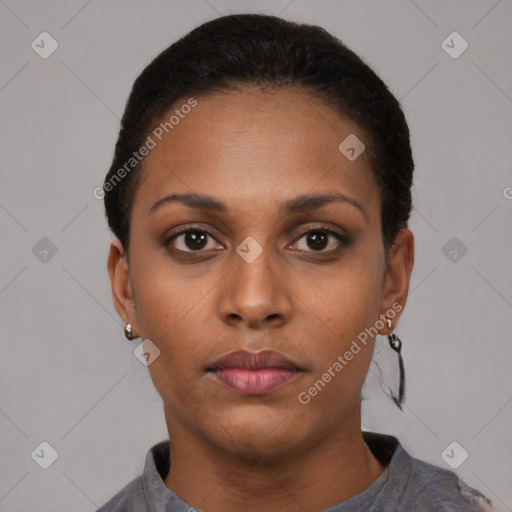 Neutral black young-adult female with short  black hair and brown eyes