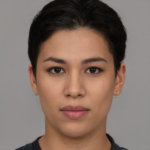 Neutral latino young-adult female with short  brown hair and brown eyes
