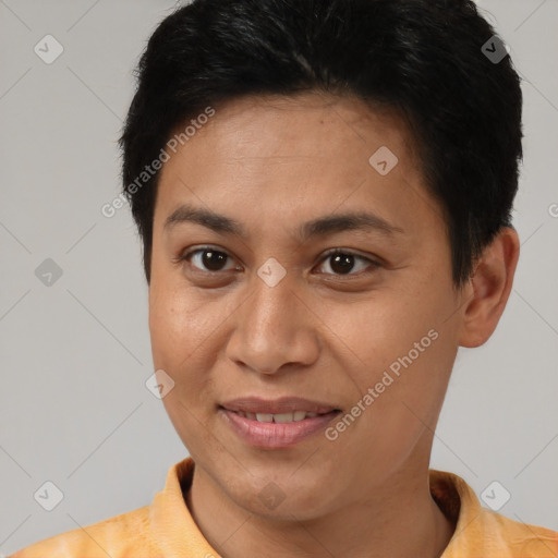 Joyful latino young-adult female with short  brown hair and brown eyes