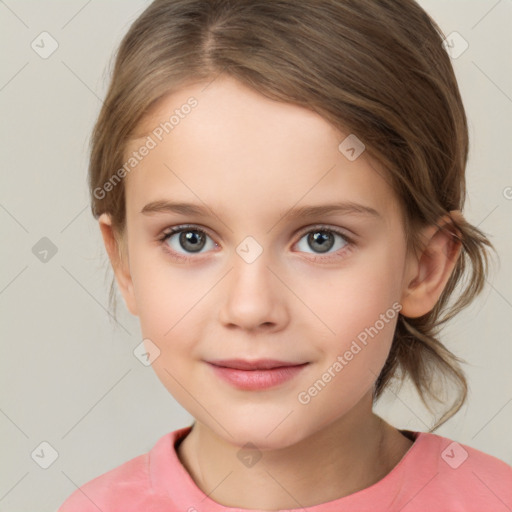 Joyful white child female with medium  brown hair and brown eyes