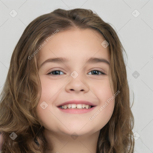 Joyful white child female with long  brown hair and brown eyes