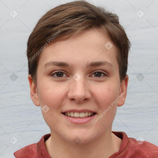 Joyful white young-adult female with short  brown hair and grey eyes