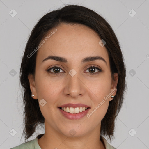 Joyful white young-adult female with medium  brown hair and brown eyes