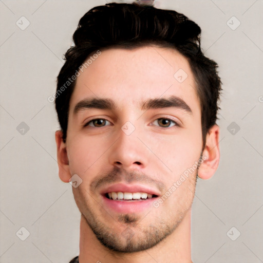 Joyful white young-adult male with short  black hair and brown eyes