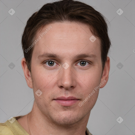 Neutral white young-adult male with short  brown hair and grey eyes