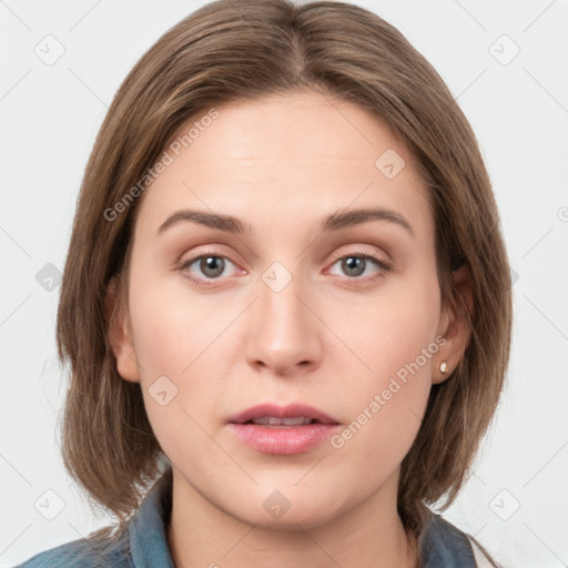 Neutral white young-adult female with medium  brown hair and grey eyes