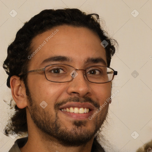 Joyful latino young-adult male with short  brown hair and brown eyes