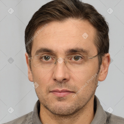 Neutral white adult male with short  brown hair and brown eyes