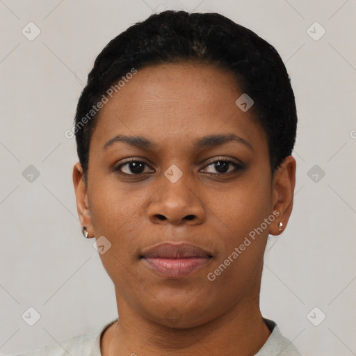 Neutral black young-adult female with short  black hair and brown eyes