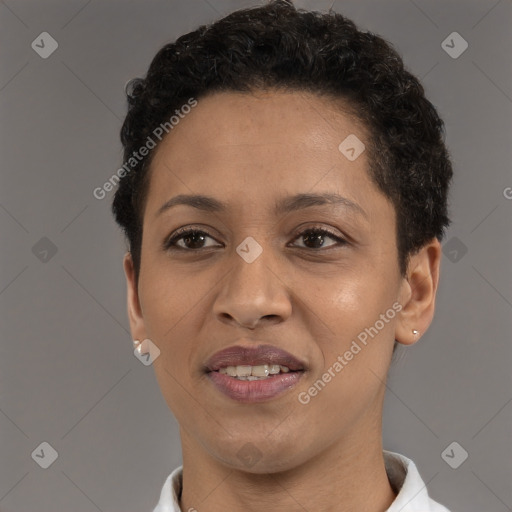 Joyful white adult female with short  brown hair and brown eyes
