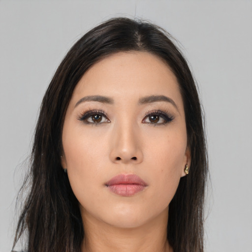 Neutral asian young-adult female with long  black hair and brown eyes