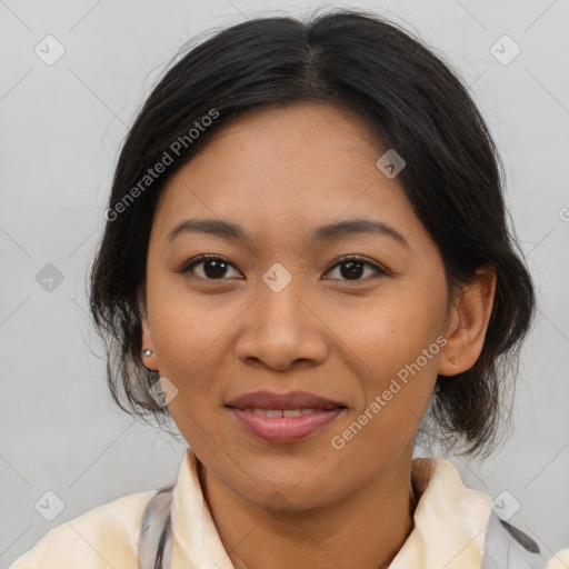 Joyful asian young-adult female with medium  brown hair and brown eyes