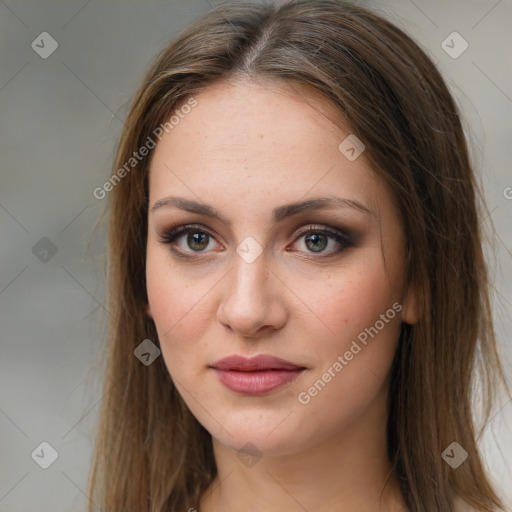 Neutral white young-adult female with long  brown hair and brown eyes