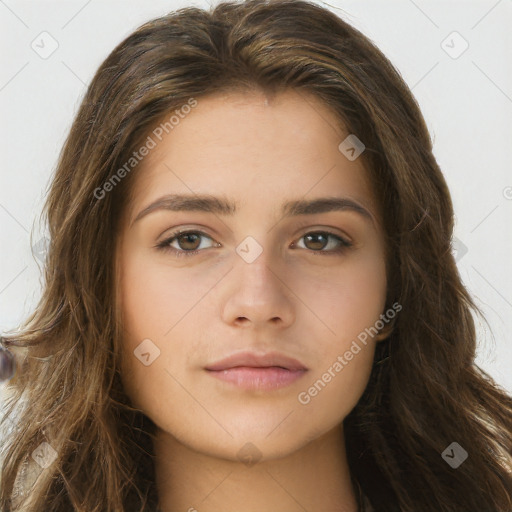 Neutral white young-adult female with long  brown hair and brown eyes