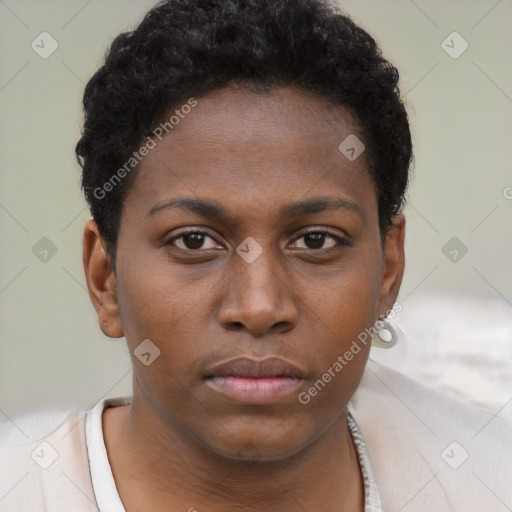 Neutral black young-adult female with short  brown hair and brown eyes