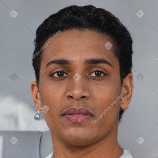 Neutral black young-adult male with short  brown hair and brown eyes