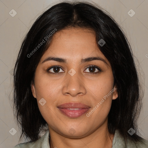 Joyful latino young-adult female with medium  brown hair and brown eyes