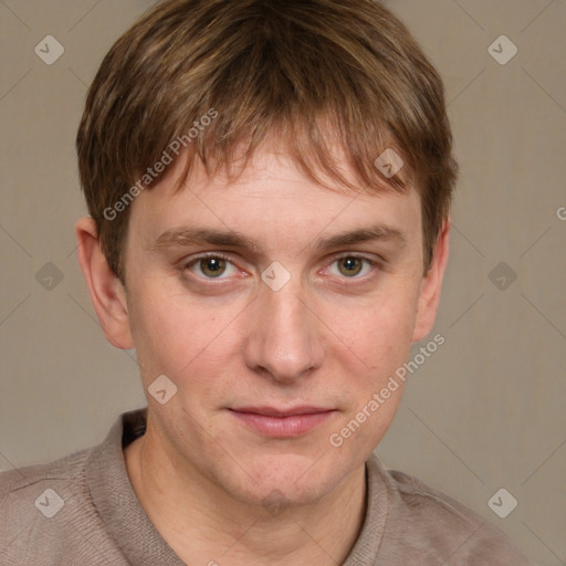 Neutral white young-adult male with short  brown hair and grey eyes