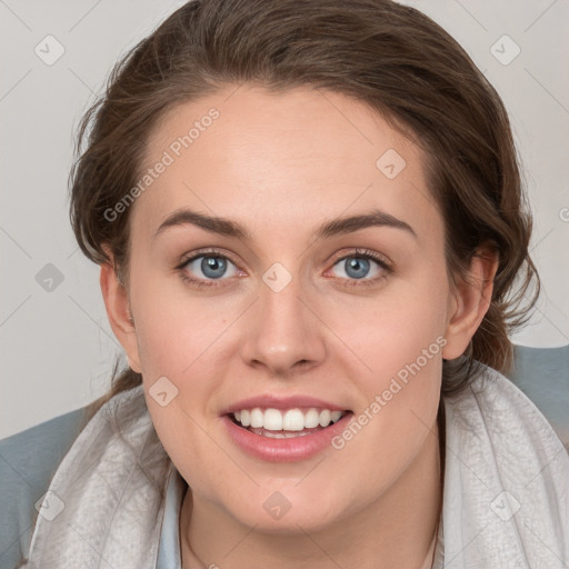 Joyful white young-adult female with medium  brown hair and blue eyes