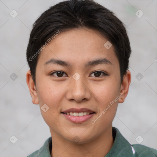 Joyful asian young-adult female with short  brown hair and brown eyes