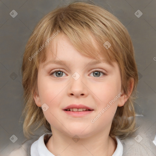 Joyful white child female with medium  brown hair and blue eyes