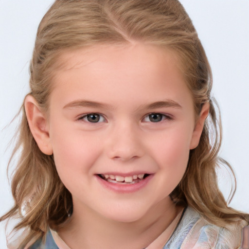 Joyful white child female with medium  brown hair and grey eyes