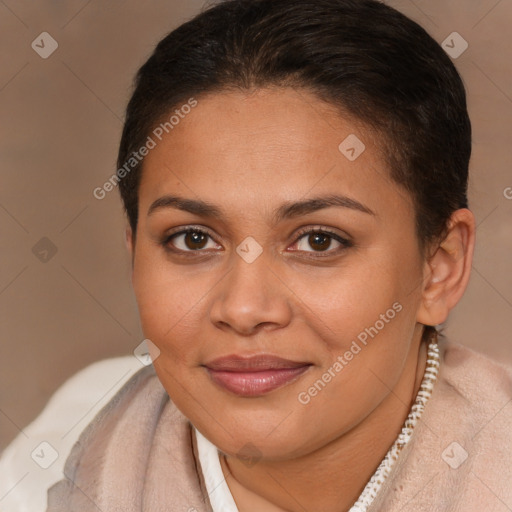 Joyful latino young-adult female with short  brown hair and brown eyes