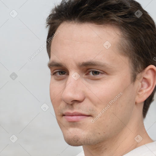 Neutral white young-adult male with short  brown hair and brown eyes