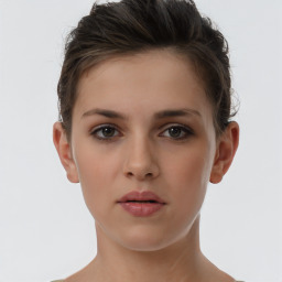 Neutral white young-adult female with short  brown hair and brown eyes