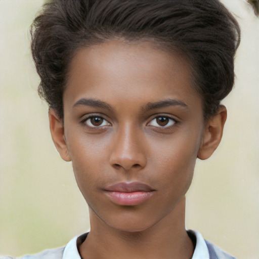 Neutral white young-adult female with short  brown hair and brown eyes