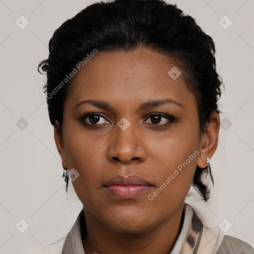Neutral latino young-adult female with short  black hair and brown eyes
