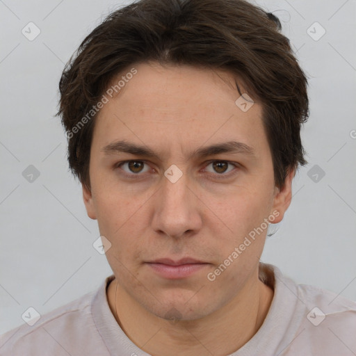 Neutral white adult male with short  brown hair and brown eyes