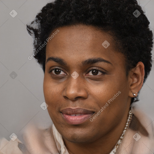 Joyful black young-adult female with short  black hair and brown eyes