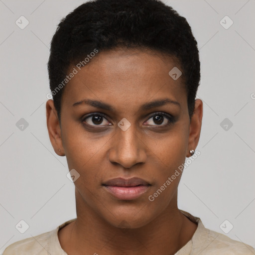 Neutral black young-adult female with short  black hair and brown eyes