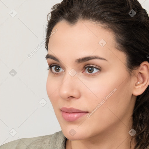 Neutral white young-adult female with medium  brown hair and brown eyes