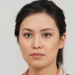 Neutral asian young-adult female with medium  brown hair and brown eyes