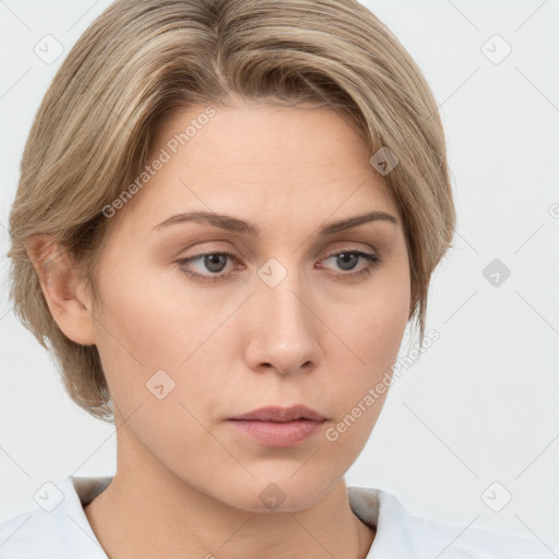 Neutral white young-adult female with medium  brown hair and grey eyes