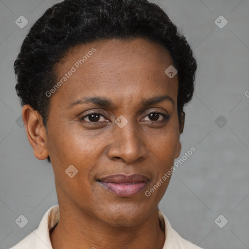 Joyful black adult female with short  brown hair and brown eyes