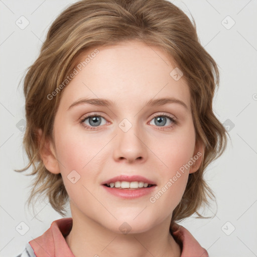 Joyful white young-adult female with medium  brown hair and blue eyes