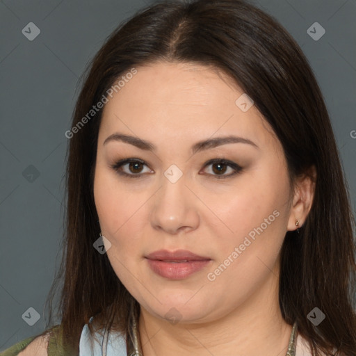 Neutral white young-adult female with medium  brown hair and brown eyes