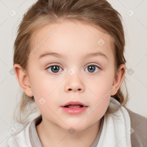 Neutral white child female with medium  brown hair and blue eyes