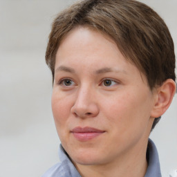 Joyful white adult female with short  brown hair and brown eyes