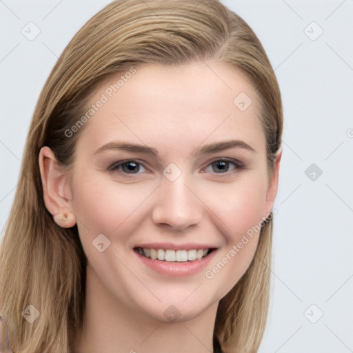 Joyful white young-adult female with long  brown hair and grey eyes