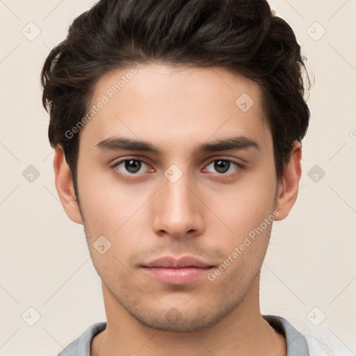 Neutral white young-adult male with short  brown hair and brown eyes