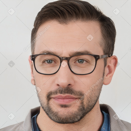 Neutral white young-adult male with short  brown hair and brown eyes