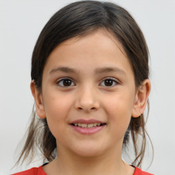 Joyful white child female with medium  brown hair and brown eyes